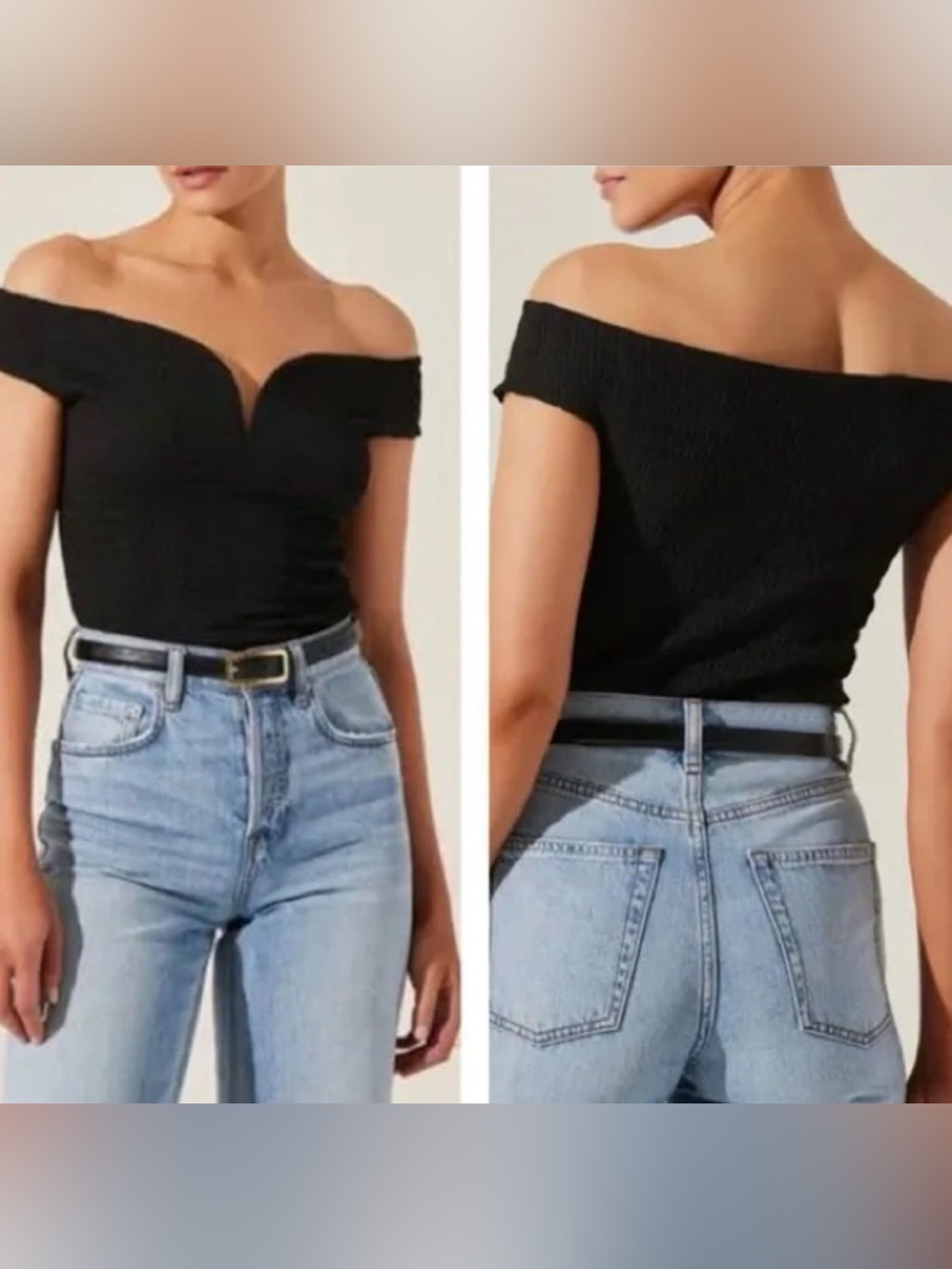 ASTR The Label Black Smocked Off The Shoulder Notched Sweetheart Neck Top Small